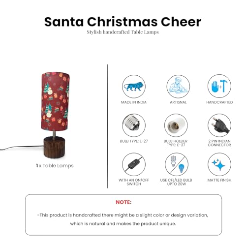 Image of ExclusiveLane 'Santa Christmas Cheer' Mango Wooden Chirstmas Table Lamp for Bedroom (39.5 Cm, Without Bulb, Handcrafted) |Table Lamp for Living Room Christmas Gifts for Home Chirstmas Decoration Items
