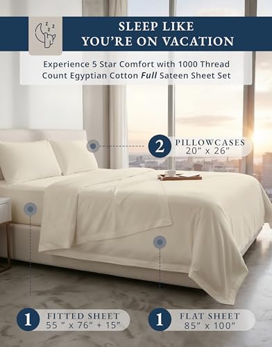 Image of LANE LINEN Fullsize Sheets Set 100% Egyptian Cotton Sateen - Ivory