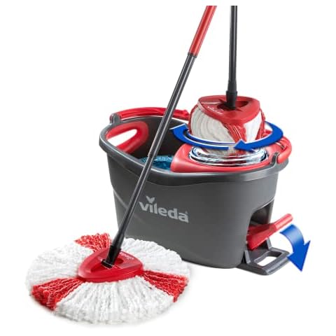 Vileda Turbo Microfibre Mop and Bucket Set, Spin Mop for Cleaning Floors, Set of 1x Mop and 1x Bucket,Grey/Red,48.5 x 27.5 x 28 cm Cover