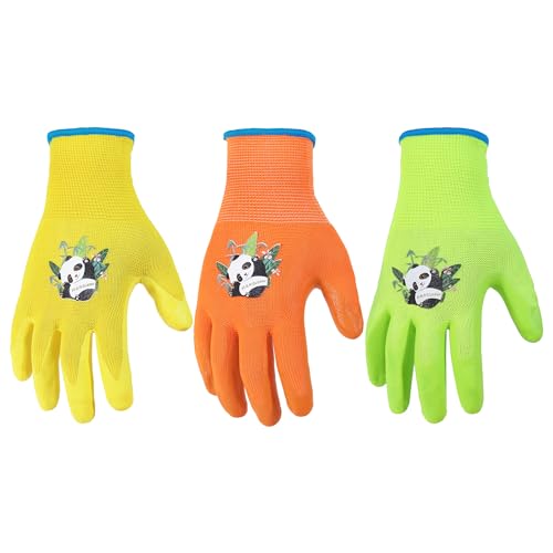 HANDLANDY 3 Pairs Kids Gardening Gloves Latex Free, Nitrile Coated Children Toddler Garden Yard Outdoor Playing Gloves for Little Girls Boys (Size M) M (Pack of 3) Green+yellow+orange