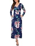 Vestidos Casual Largo de las Mujeres de Impresión Floral Vestidos de Ceremonia Curvas Maxi Vestido de Cuello en V Vestido de Manga Larga con Bolsillos Vestido Elegante para Otoño Primavera, azul navy,