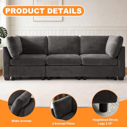 Image of TEKAMON 94 inch Modern Sofa Modular Sectional Couch, 3-Seat Chenille Deep Seat Sofa for Living Room, Bedroom and Apartment, Dark Grey