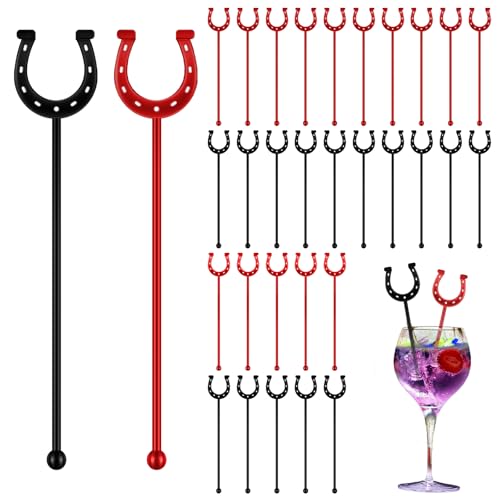 Sunnychicc 6 Inch Derby Drink Plastic Stirrers Swizzle Sticks for Cocktails Coffee Reusable U Shaped Horseshoe Drink Stirrers for Coffee Beverage Party Bar Weddings Events(Black,red,30 Pcs)