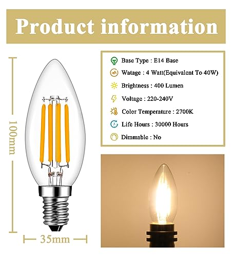 RANBOO E14 LED Filament Bulbs 4W, 40W Clear Candle Bulbs Equivalent, Warm White 2700K Candelabra E14 SES Bulb, Non-Dimmable - Image 3