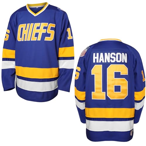 Hanson Brothers Hockey Jersey 16 Charlestown Chiefs 17 Jeff Slap Shot 18 Movie Hockey Jersey Blue White S-3XL (16 Blue Small)
