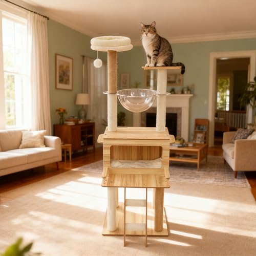 Árbol para Gatos de Madera de 57.9 pulgadas con Columpio y Escalera miniatura 3