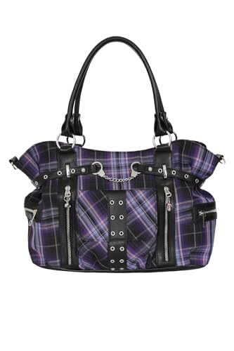Bolso tote tartán negro y púrpura estilo punk para mujer miniatura 1