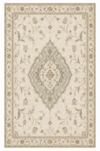 Larted 6x9 Faux Wool Area Rug, Champagne Distressed Washable Non Slip