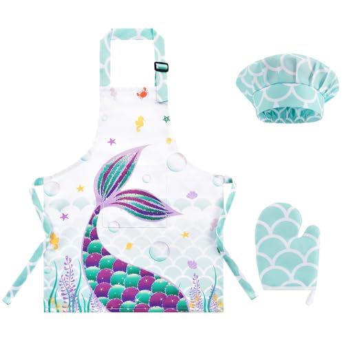 WERNNSAI Mermaid Art Apron and Chef Hat Set - Painting Apron for Cooking, Art Smock Chef Aprons with Oven Mittens for Kitchen Baking Birthday Gift