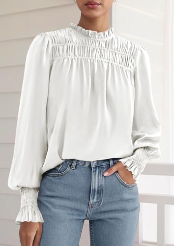 PRETTYGARDEN Blouses for Women Dressy Casual Fall Outfits 2025 Frill Neck Long Sleeve Shirts Satin Work Business Casual Tops2