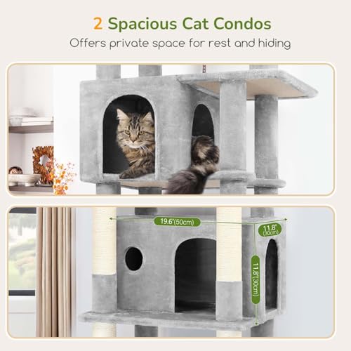 Image of Globlazer F74B Cat Tree for Indoor Cats Large Adult, Multi-Cat, Light Grey | Easy Setup, 74in Tall Tower, Oversized Top Perch, 2 Large Condos, Hanging Basket, 5 Sisal Scratching Posts, Anti-Topple Strap