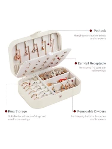 Image of Cortina Jewellery Organiser PU Leather Zipper | Portable Storage Box Case with Dividers | Container for Rings, Earrings, Necklace Home Organizer - White