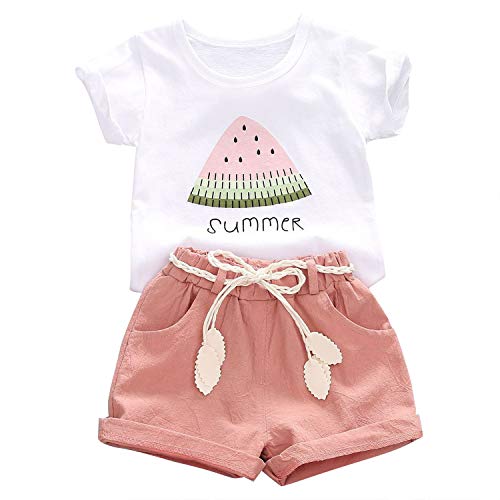 Xfglck 1-4T Toddler Kids Baby Girls Summer Outfits Clothes Watermelon Print Tops + Shorts Pants with Belt Short Set (Pink Set, 4-5 y)