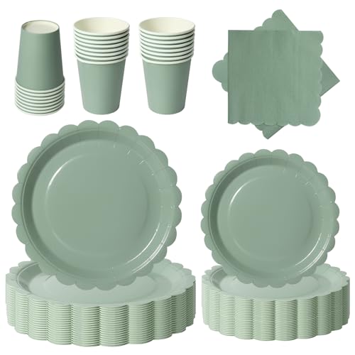 PYAILI Anniversaire Vaisselle de fete 96 Pièces Vert Party Assiettes en Papier Set Assiettes de Fête Papier Tasses Serviettesr, pour Barbecue les Fêtes les...