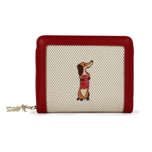 FuninCrea Portafoglio Donna Piccolo, Ecopelle Portamonete Donna con 5 Slot per Carte di Credito e Finestra per Documenti d'Identità, Ricamo Bassotto Portacarte Donne Piccolo Portafoglio Slim (Rosso)