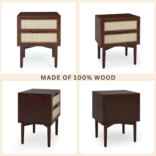 Image of Bme Oliver Solid Wood Rattan Nightstand, Bohemian & Mid Century, Walnut