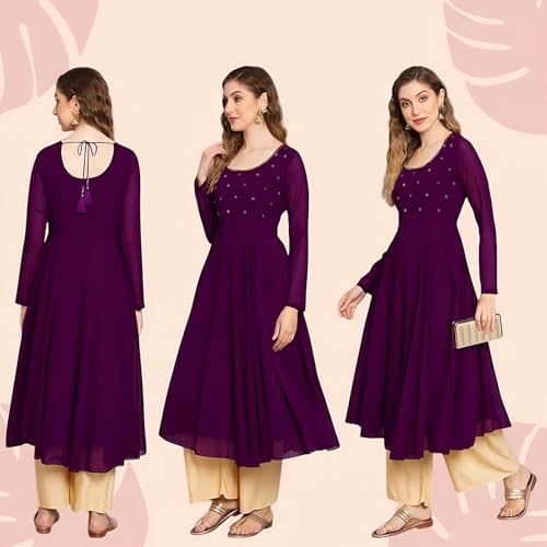 Image of PH POSHAKHUB Georgette Regular Fit Hand Embroidery Anarkali Kurta Set for Women, Yoke Anarkali Kurta for Woman, Ankle Length Anarkali Suit for Women, Full Sleeve Kurti, Dress for Woman