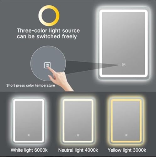 Image of Creative Arts n Frames LED Wall Mount HD Mirror with 3 Color Light Tone for Home Wall Living Room Bedroom Bathroom Hotel Decor Items (18x24 inch Rectangle)