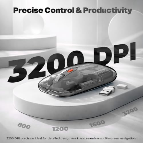 Image of Amkette Epic TP Advanced Transparent Wireless Mouse /Bluetooth Mouse Rechargeable, USB-A+USB-C Nano Receiver, 3200DPI, Type-C Charging, 3 Device Connectivity for Laptop, PC, MacBook, Tablet & More