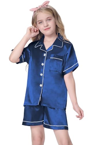 Schbbbta Kids Satin Pajamas Sets Girls Button-Down Pjs Short Sleeve Silk Lounge Sets Nightwear,Navy, 7-8 Years2