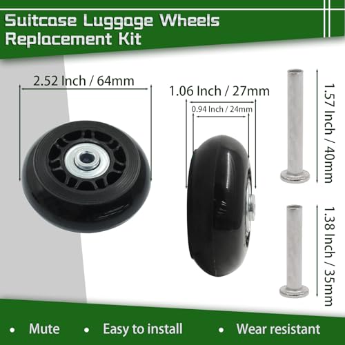 Luggage Wheels Replacement Set of 2, 64mm x 24mm Suitcase Wheels Replacement Rubber Swivel Caster Wheels with Installation Accessories, Luggage Replacement Wheels for Trolley Bag Drawbar Box4