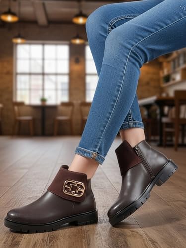 Image of ELLE Women's Chic Dual Texture with Gold-Tone Embellishment Ankle Boots