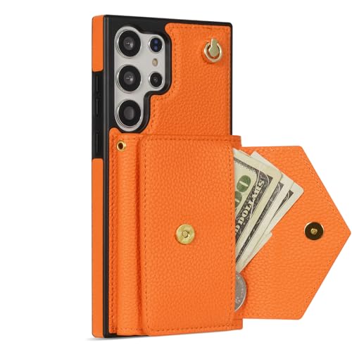 Étui portefeuille iPhone 17 Pro cuir mat orange housse protection intégrale avec sangle - 3