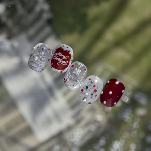 Image of Christmas Nail Stickers Holly Snowflake Nail Decals Silver Nail Art Decals | Festive Red & Green Xmas Tree Nail Stickers, 5D Embossed Self-Adhesive Decals for Women Holiday Season Manicure Charms Supply