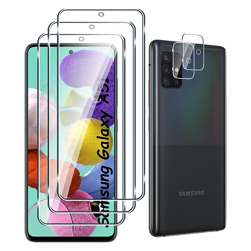 Fyqzio [3+2 Piezas Cristal templado compatible con Samsung Galaxy A51 y protector de pantalla de cámara,sin burbujas,dureza 9H,antiarañazos,HD protector de pantalla