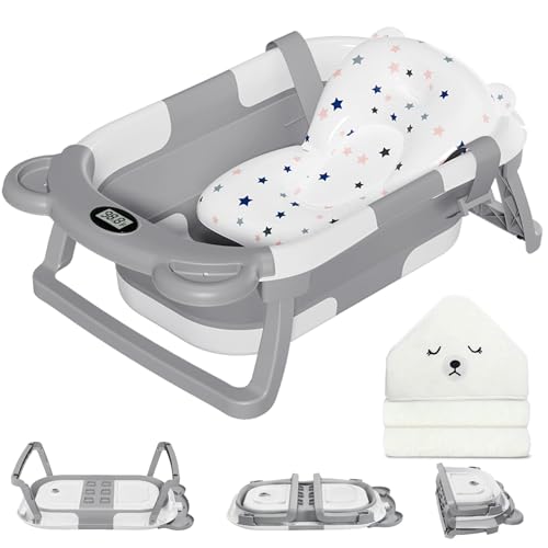 Image of MoreFeel Collapsible Baby Bathtub for Newborn with Thermometer & 1 Hooded Towel & 1 Soft Floating Cushion,Portable Travel Bathtub with Drain Hole, Durable Foldable Baby Tubs for Infants to Toddler