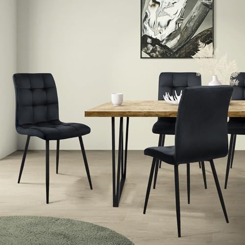 ML-Design Set de 4 Chaise de Salle à Manger, Noir, Revêtement en Velours, Pieds en Métal, avec Dossier Ergonomique, Design Moderne, pour Salon Bureau...