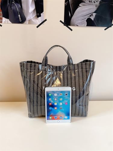 Image of Lushandy Striped PVC Tote Bag for Women, Waterproof Plastic Tote Bag for Beach Pool Large Top Handle Travel Hobo Handbag