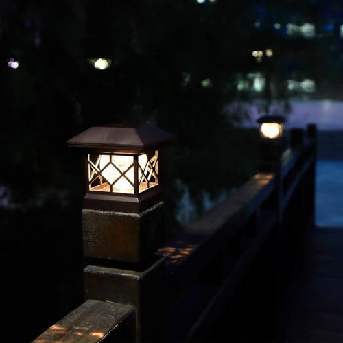 Image of TWINSLUXES LED Solar Fence Post Cap Lights for 3.5x3.5 /4x4 /5x5 Deck Posts, Outdoor Wood or Vinyl, Warm Light (Brown)