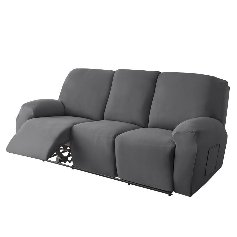 WJHDWYD Soft Stretch Recliner Chair Cover, Solid Color Non-Slip Sofa Cover with Side Pocket, Washable Furniture Protector for Recliner Chair(Gris Foncé,3 places)