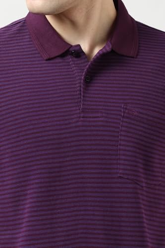 Image of Peter England Men's Cotton-Polyester Fine Stripe Polo T-Shirt - Casual Wear | Sleek & Comfortable