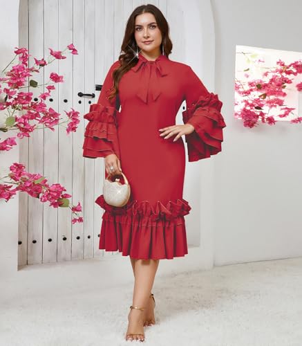 Image of dasmzper Women's Plus Size Midi Dress Ruffle Sleeve Bow Tie Neck Casual A line Swing Midi Dresses