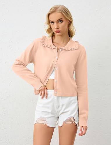 Image of Ythomm Womens Ruffle Collar Cropped Cardigans Button Down Open Front Long Sleeve Knit Sweater Jackets Casual Solid Fall Tops