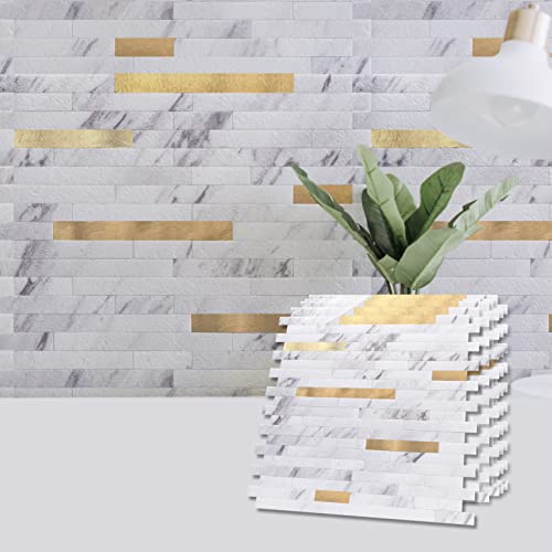 Image of Art3d Faux Stone Peel & Stick Backsplash Tile, 10pcs, White with Metal Gold