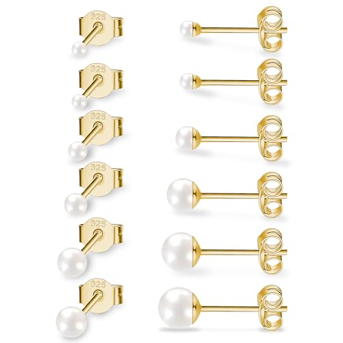 BLISI 6pairs Pearl Earrings Stud with 925 Stering Silver Post Small Midium and Big Pearl Stud Earrings Set for Women Sensitive Ears(3mm4mm5mm6mm8mm10mm)