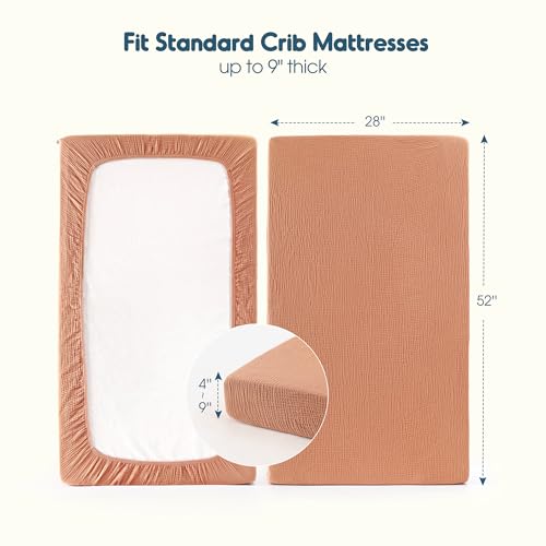 Image of GRSSDER 100% Cotton Muslin Crib Sheet 2 Pack - Breathable & Ultra-Soft Fitted Crib Sheets for Standard Baby & Toddler Mattresses, 52 inchx28 inch with 9 inch Deep Pocket, Snug Fit All-Around Elastic