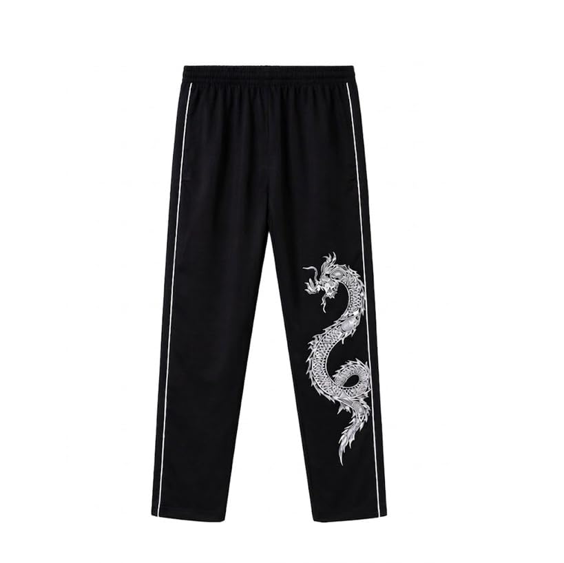 Men's Black Dragon Print Jogger Pants, Polyester, Loose Fit Streetwear with Elastic Waistband and Contrast Side Piping-picture-33