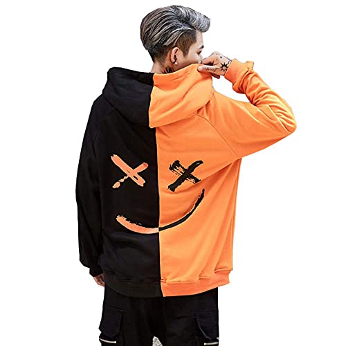 Mens Boys Fashion Hooded Jerseys Long Sleeve Contrast Color Smile Hip-Hop Sweatshirt Hoodies (2XL, Black-Orange) Mens Boys Fashion Hooded Jerseys Long Sleeve Contrast Color Smile Hip-Hop Sweatshirt Hoodies (2XL, Black-Orange)