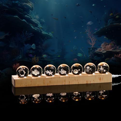 Image of Qianwei 3D Crystal Ball Sea Glass Ocean Decor with Led Lamp Base - Best Birthday Gift for Man Teacher Boy Kids - Dolphin Shells Coral Starfish Sea Turtle Jellyfish Octopus Gifts