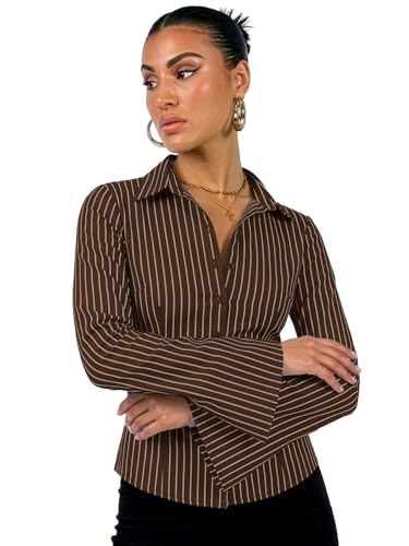 Image of Aahwan Striped Button Down Flared Bell Long Sleeve Casual Shirt for Women's & Girl's