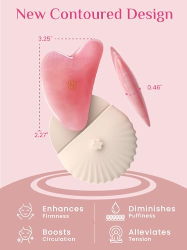 Image of Rena Chris Gua Sha Facial Tools, Rose Quartz Guasha Tool for Acupuncture, Manual Massage Tool for Jawline Sculpting and Puffiness Reducing, Gua Sha Facial Massage Tool with Silicone Case (Rose Pink)