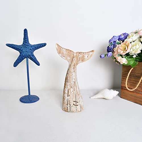 8.5" H Wood Whale Tail Table Top Statue Figurines Rustic Antique Whale Tail Beach Nautical Carving Sculpture Coastal Ocean Themed Home Decor (S) #TOP4