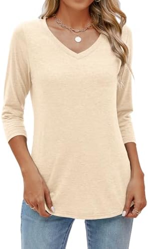 Sherosa Womens V Neck 3/4 Sleeve T Shirts Loose Fit Shirts Casual Solid Basic Tops Tees Blouses