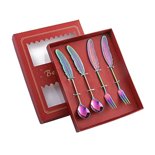 Dinner Spoon 4-Piece 304 Stainless Steel Spoon Fork Feather Shaped Spoon Coffee Mixing Spoon Fruit Fork Dessert Spoon Long-Handled Spoon (Color : B) (Brass)