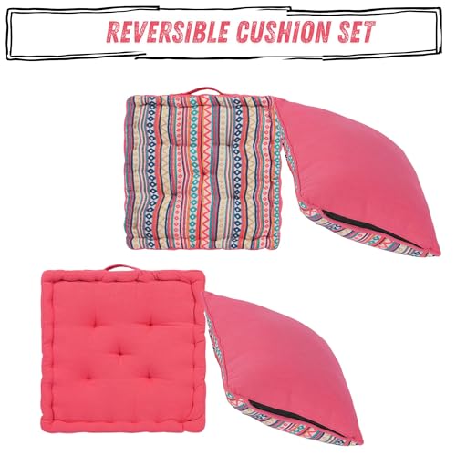 Image of Weaved Quilted Floor Cushion Set 40x40x8 cm Pink Boho with Cotton Filler & Back Cushion, Small Size for Seating, Patio Seat, Meditation, Yoga, Pooja, Guests, Living - 16x16x3 Inch