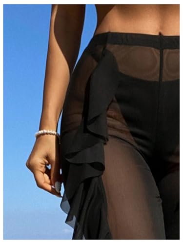 GORGLITTER Women's Sheer Mesh Ruffle Bottom Cover Up Pants High Waist Beach Coverups2